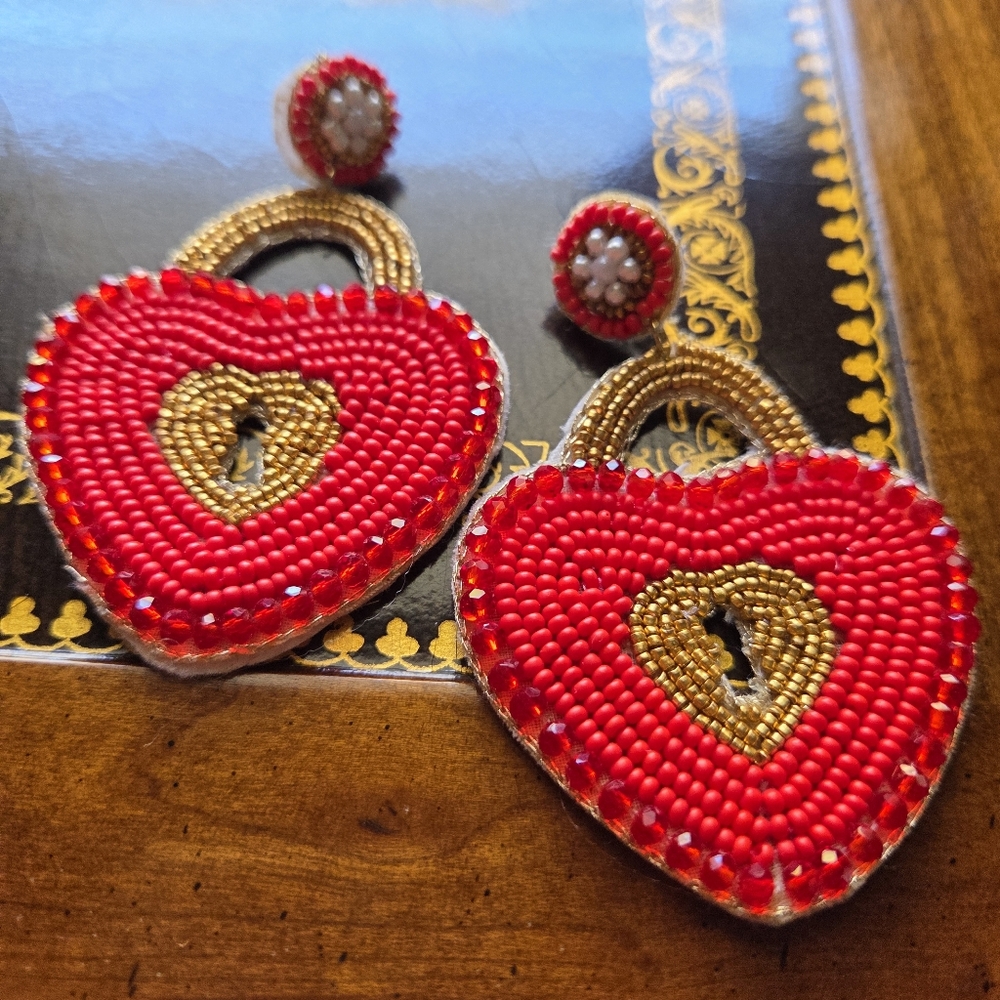 Felt Back Beaded Double Heart Link Dangle Earrings OFFER FRIENDLY